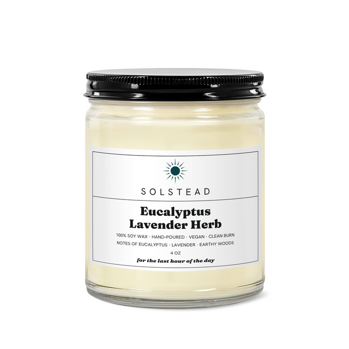 Eucalyptus Lavender Herb 4 oz soy candle in a clear glass jar with white label — Solstead