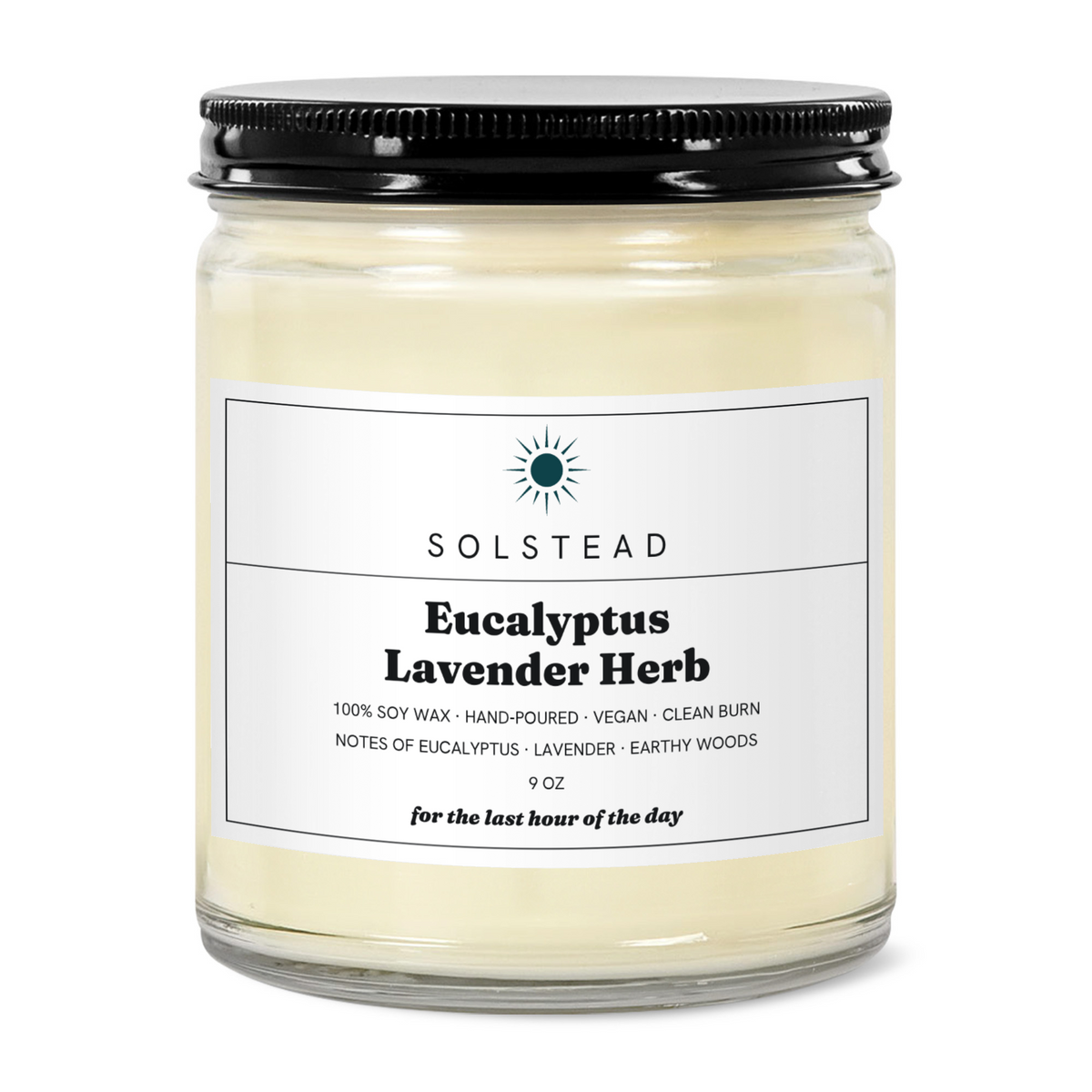 Eucalyptus Lavender Herb 9 oz soy candle in a clear glass jar with white label — Solstead