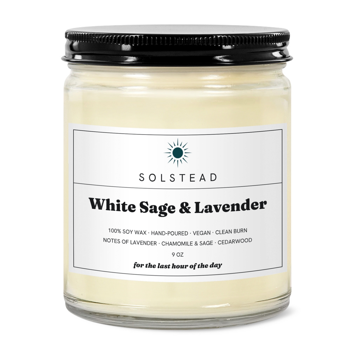 White Sage & Lavender 9 oz soy candle in a clear glass jar with white label — Solstead
