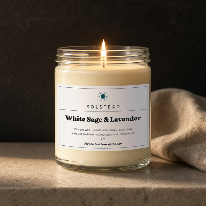 White Sage & Lavender 9 oz soy candle lit and burning — Solstead