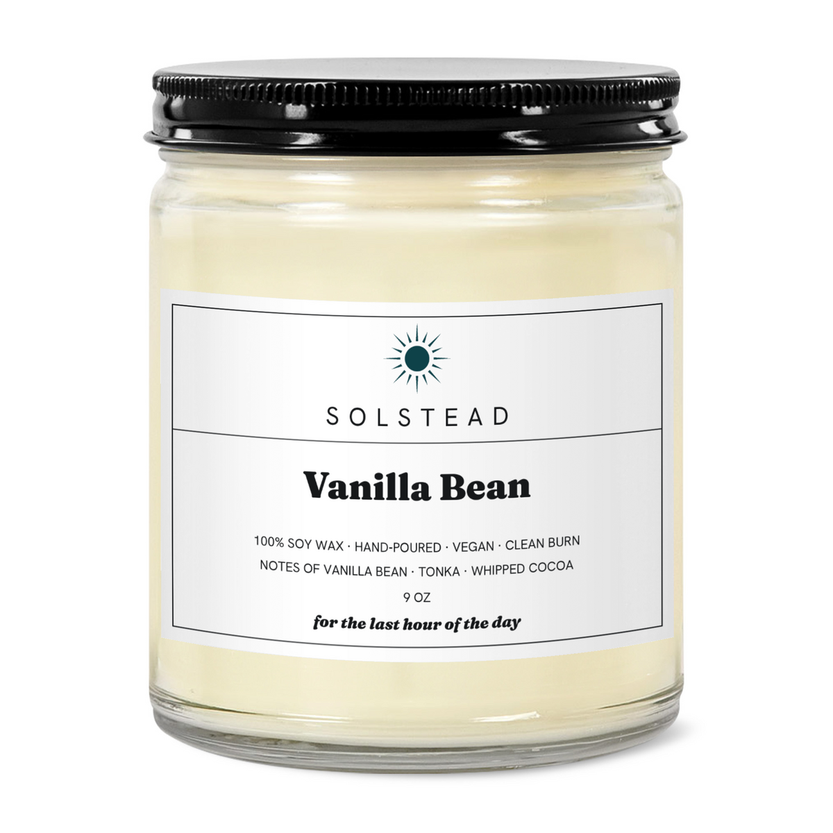 Vanilla Bean 9 oz soy candle in a clear glass jar with white label — Solstead
