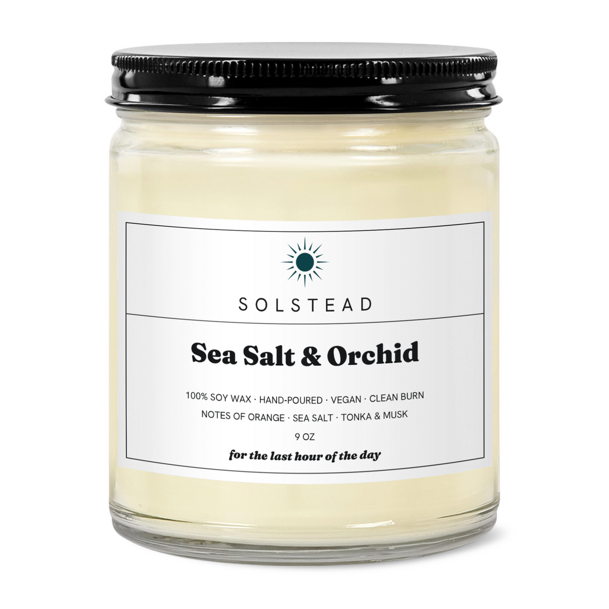Sea Salt & Orchid 9 oz soy candle in a clear glass jar with white label — Solstead