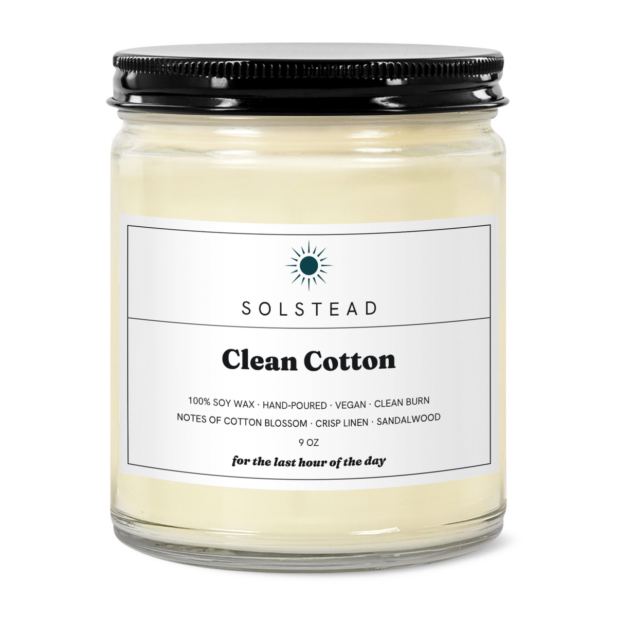 Clean Cotton 9 oz soy candle in a clear glass jar with white label — Solstead