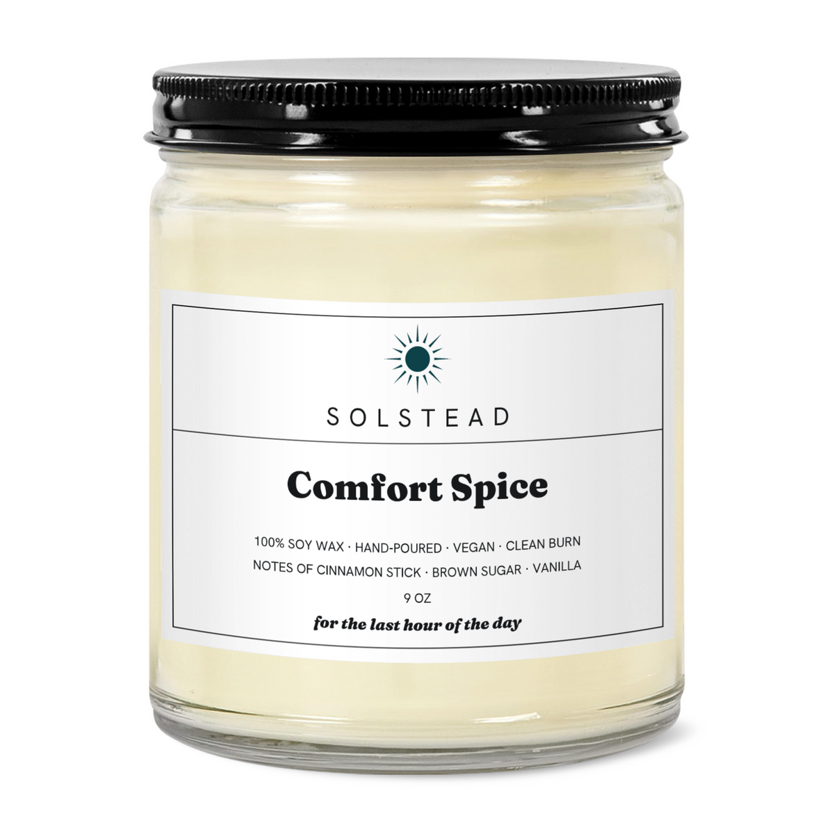 Comfort Spice 9 oz soy candle in a clear glass jar with white label — Solstead
