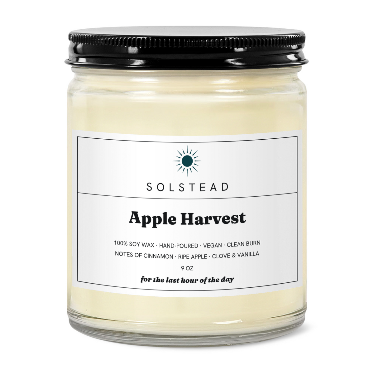 Apple Harvest 9 oz soy candle in a clear glass jar with white label — Solstead