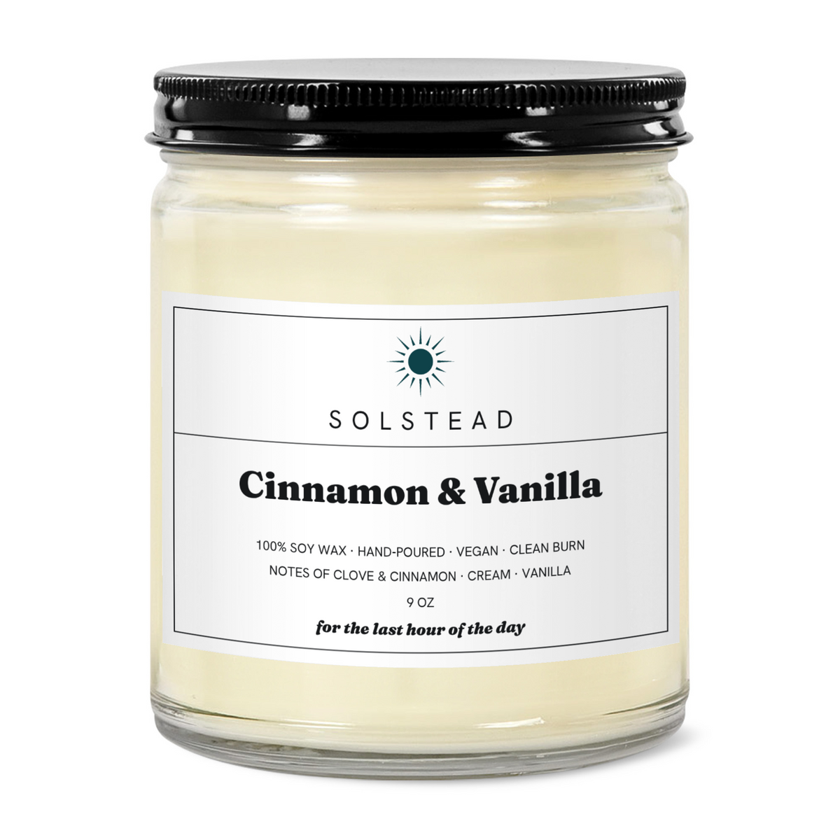 Cinnamon & Vanilla 9 oz soy candle in a clear glass jar with white label — Solstead