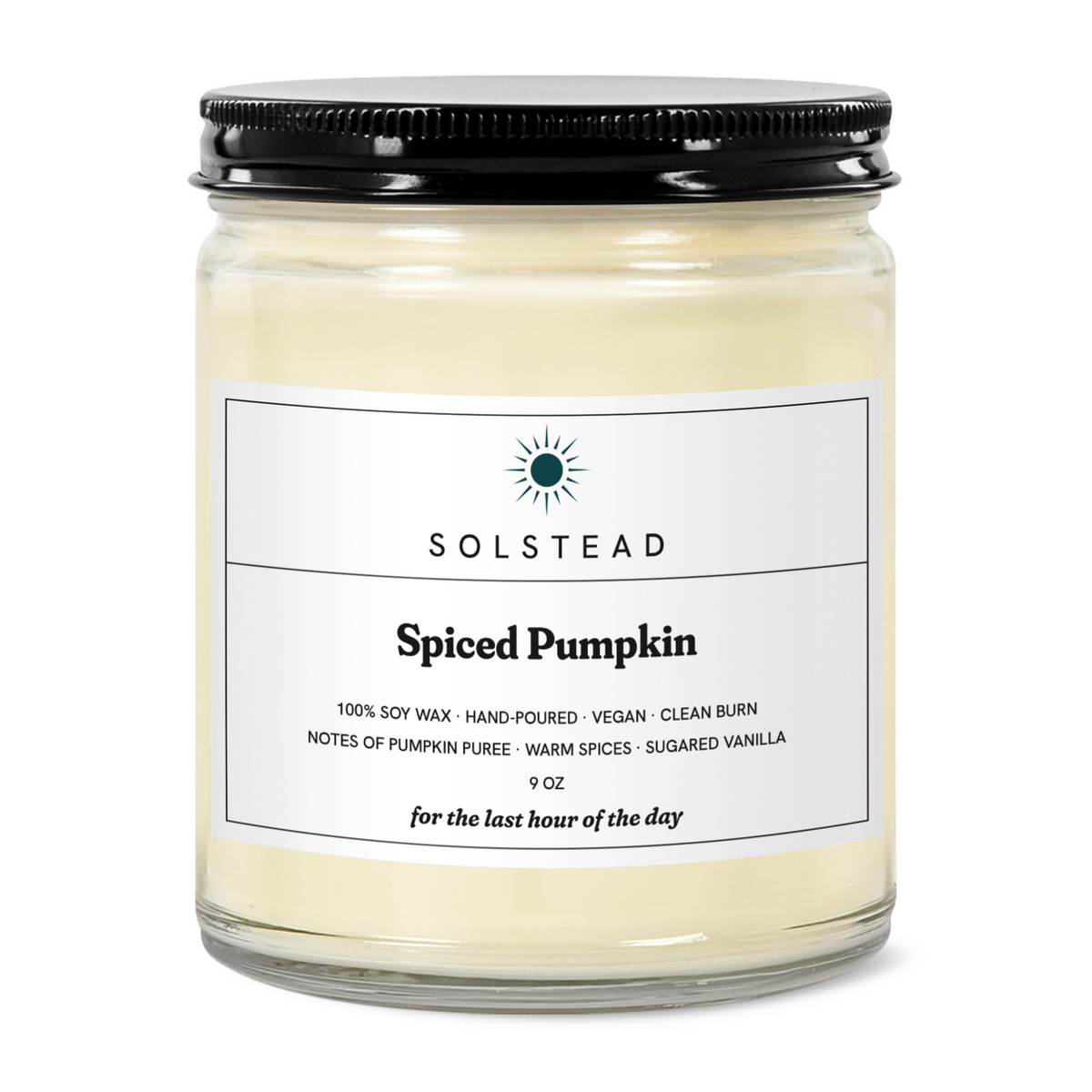 Spiced Pumpkin 9 oz soy candle in a clear glass jar with white label — Solstead