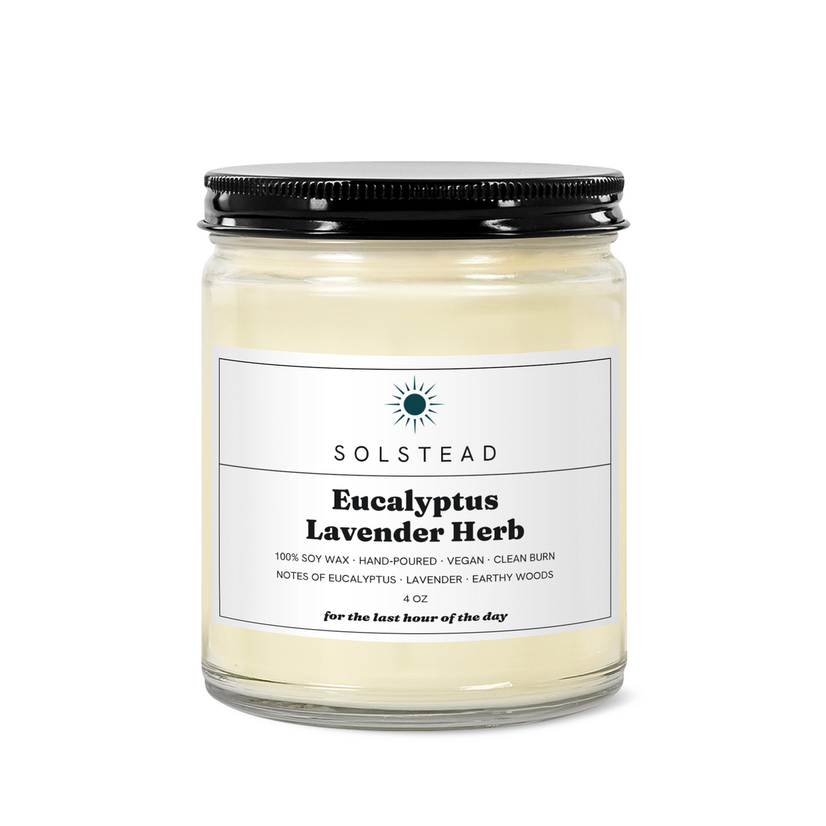 Eucalyptus Lavender Herb 4 oz soy candle in a clear glass jar with white label — Solstead