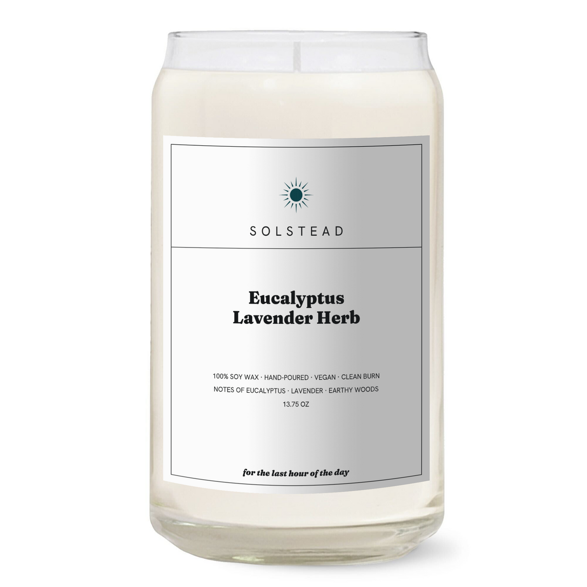 Eucalyptus Lavender Herb 13.75 oz soy candle in a clear glass jar with white label — Solstead