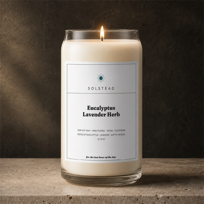Eucalyptus Lavender Herb 13.75 oz soy candle lit and burning — Solstead