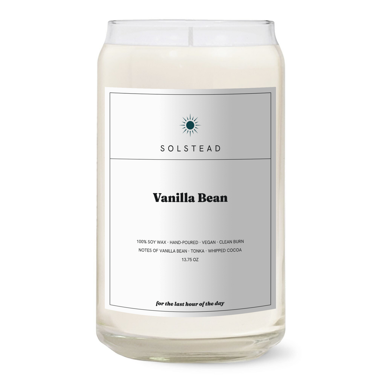 Vanilla Bean 13.75 oz soy candle in a clear glass jar with white label — Solstead