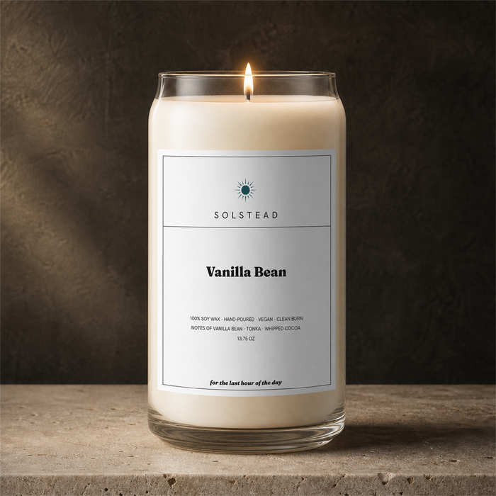 Vanilla Bean 13.75 oz soy candle lit and burning — Solstead