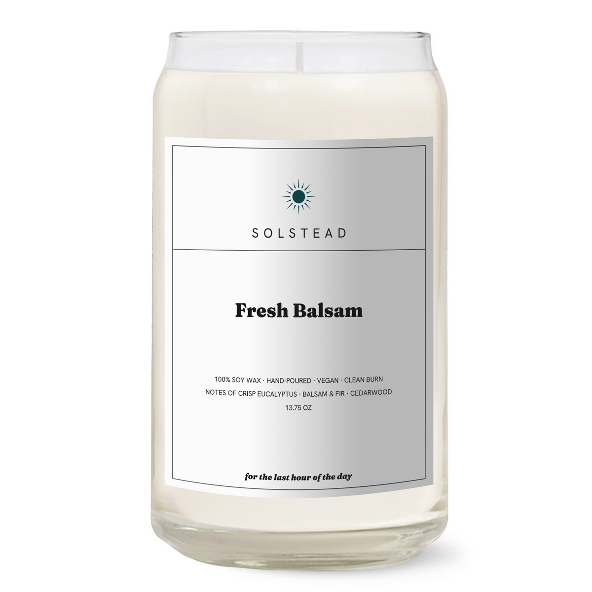 Fresh Balsam 13.75 oz soy candle in a clear glass jar with white label — Solstead
