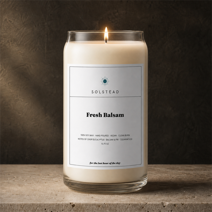 Fresh Balsam 13.75 oz soy candle lit and burning — Solstead