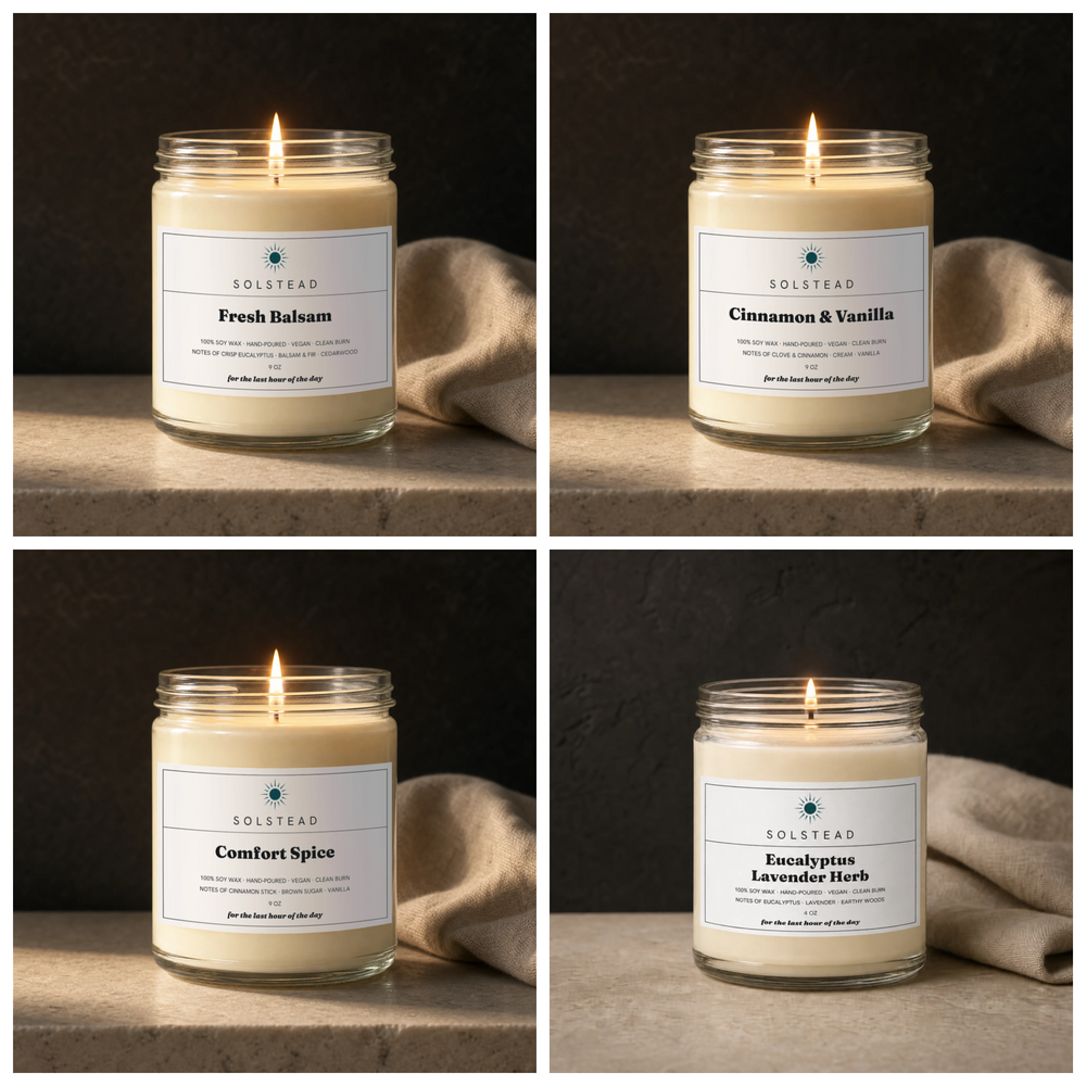 The Christmas Set — Fresh Balsam, Cinnamon & Vanilla and Comfort Spice 9 oz soy candles with a complimentary Eucalyptus Lavender Herb 4 oz mini, all lit — Solstead