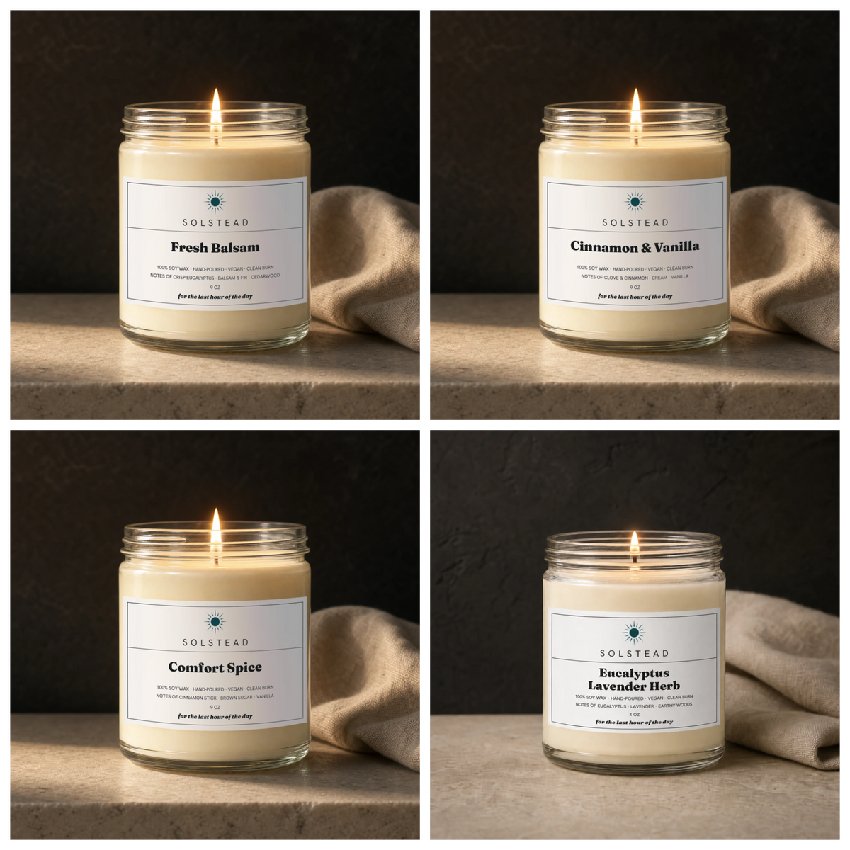 The Christmas Set — Fresh Balsam, Cinnamon & Vanilla and Comfort Spice 9 oz soy candles with a complimentary Eucalyptus Lavender Herb 4 oz mini, all lit — Solstead