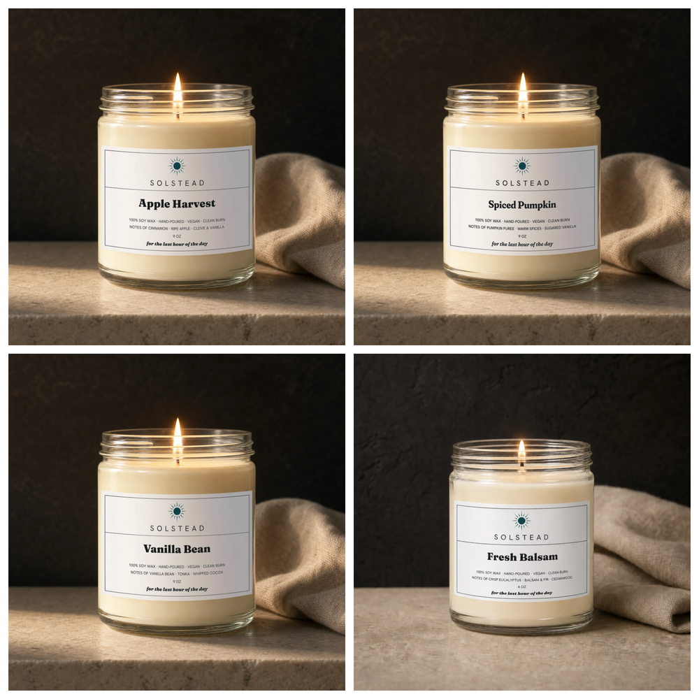 The Harvest Set — Apple Harvest, Spiced Pumpkin and Vanilla Bean 9 oz soy candles with a complimentary Fresh Balsam 4 oz mini, all lit — Solstead