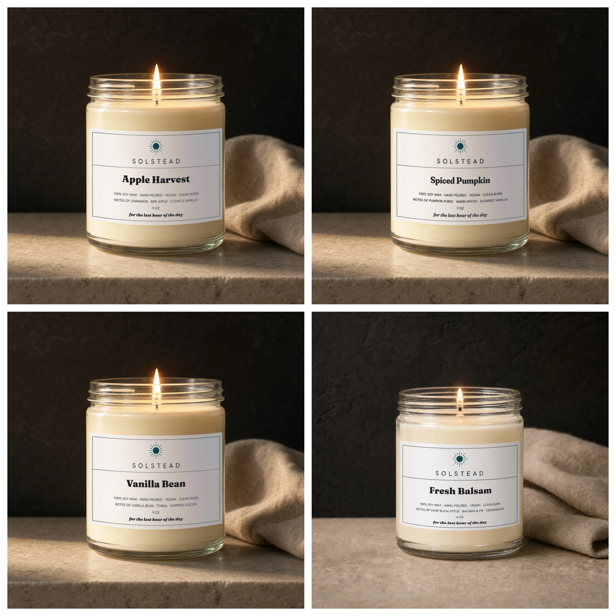 The Harvest Set — Apple Harvest, Spiced Pumpkin and Vanilla Bean 9 oz soy candles with a complimentary Fresh Balsam 4 oz mini, all lit — Solstead