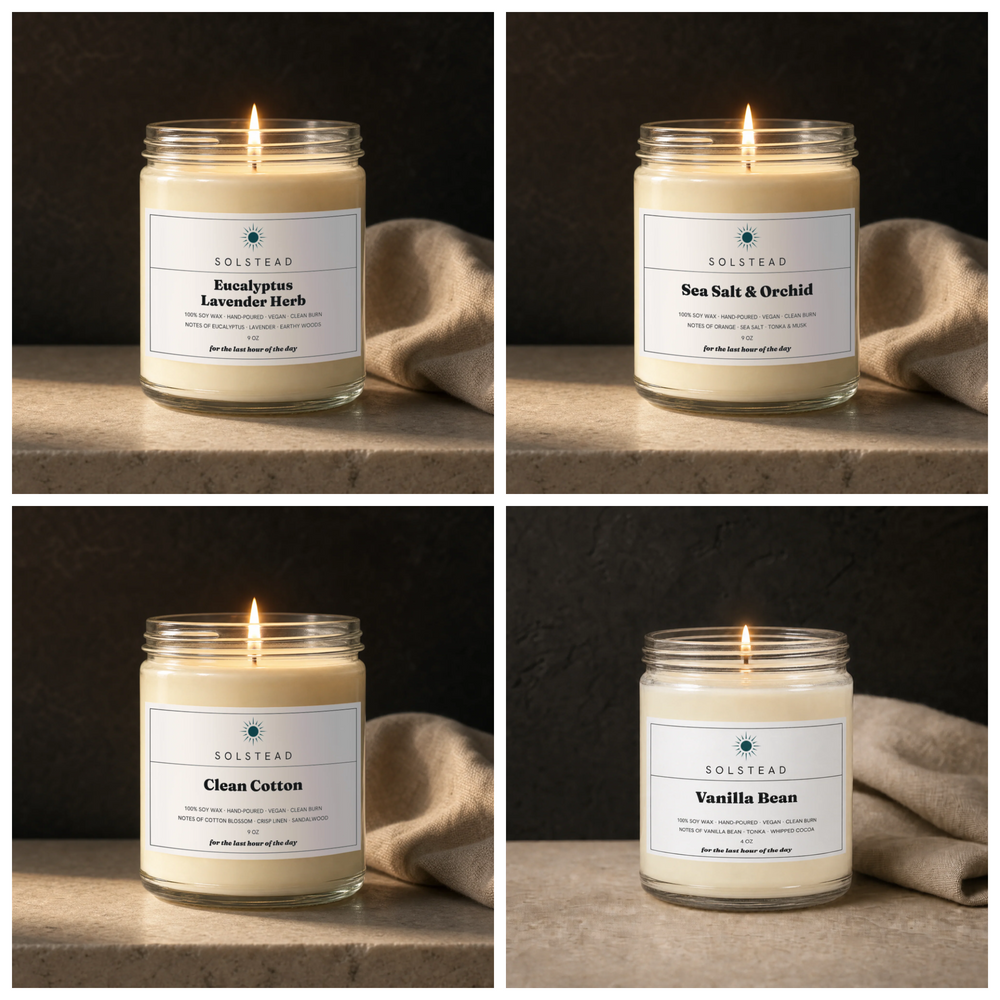 The Unwind Set — Eucalyptus Lavender Herb, Sea Salt & Orchid and Clean Cotton 9 oz soy candles with a complimentary Vanilla Bean 4 oz mini, all lit — Solstead